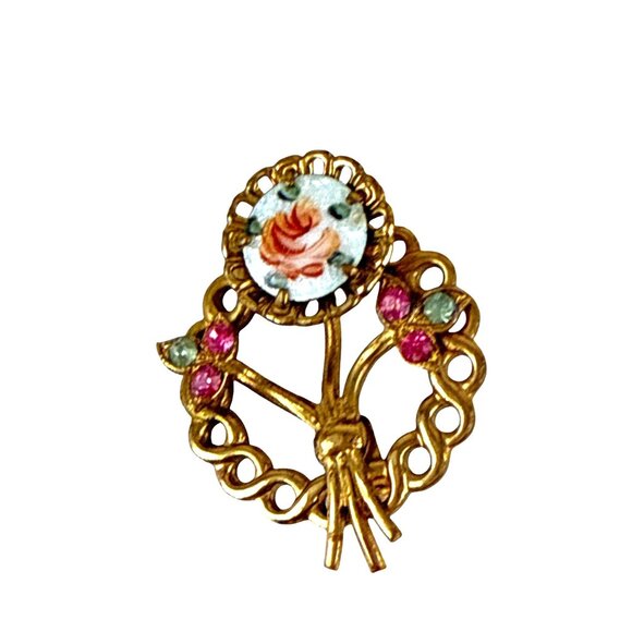 Vintage Porcelain Rose Floral Brooch Gold Tone with Pink Rhinestones - Picture 2 of 6